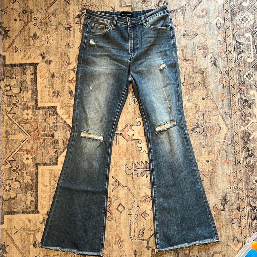 Blue Flare Wide Leg Jeans with Distressed Details